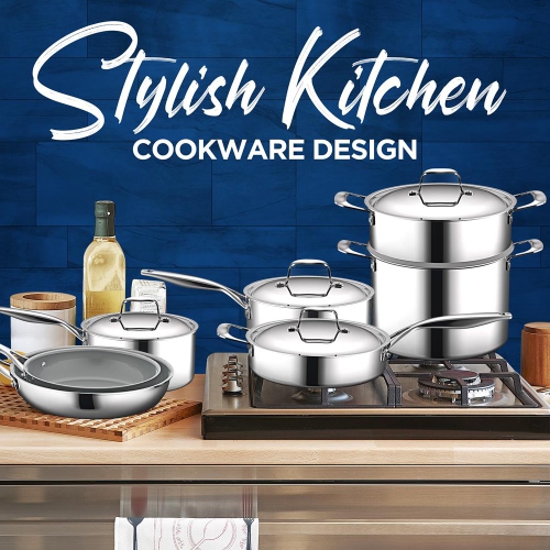 Kitchenware Pots & Pans Set - Clad Kitchen Cookware with Nylon Utensils, Frypan Interior Coated with Prestige Ceramic Non-Stick Coating