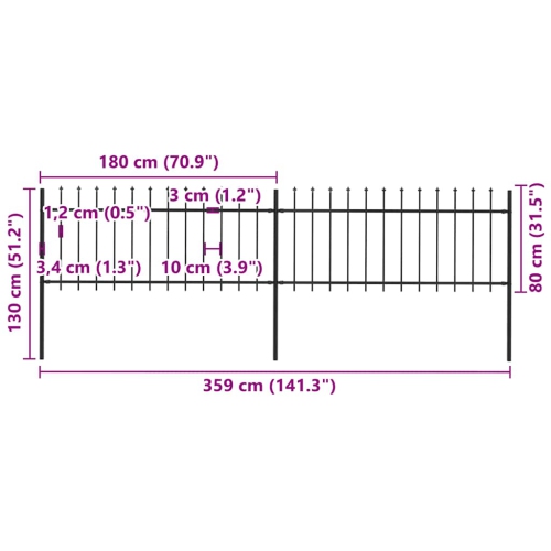 vidaXL Garden Fence with Spear Top Steel 359x80 cm Black
