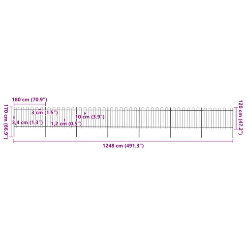 vidaXL Garden Fence with Hoop Top Steel 1248x120 cm Black