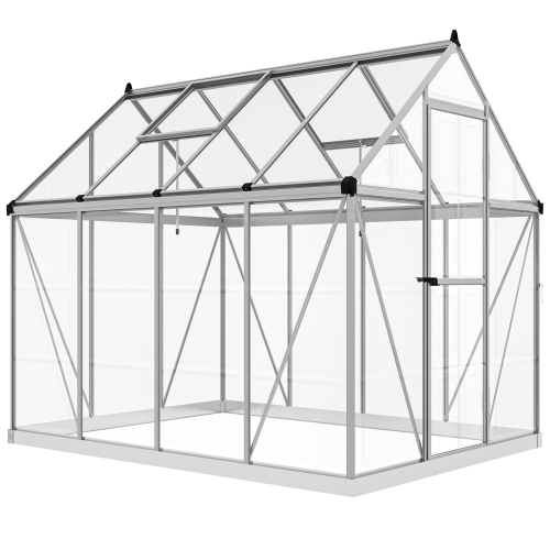 Serre en polycarbonate de 6 x 8 pi avec 2 types de polycarbonate Outsunny, maison verte avec porte à charnières, évents de toit à 5 niveaux, gouttièr