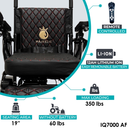MAJESTIC IQ-7000 AF Luxury Electric Wheelchair | Auto-Folding, Remote Control, Lightweight, Airline Approved | Up to 21 KM Range, Durable | Black