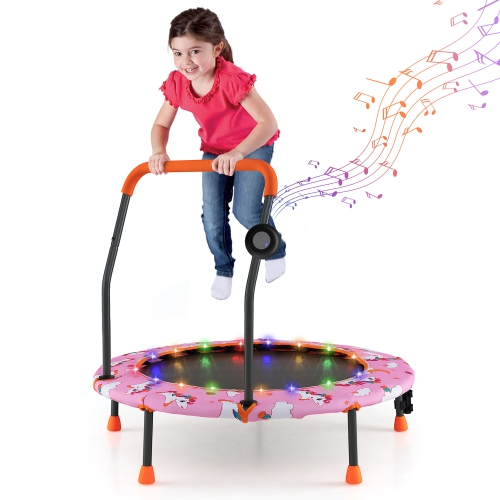 Gymax 36'' Mini Toddler Trampoline w/ LED Bluetooth Speaker Detachable Handle Kids Gifts Pink