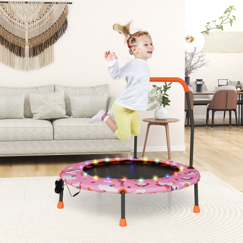 Gymax 36'' Mini Toddler Trampoline w/ LED Bluetooth Speaker Detachable Handle Kids Gifts Pink