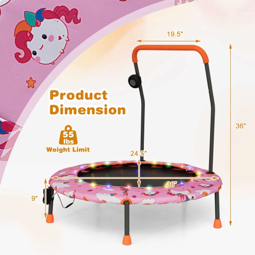 Gymax 36'' Mini Toddler Trampoline w/ LED Bluetooth Speaker Detachable Handle Kids Gifts Pink