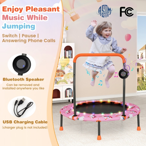 Gymax 36'' Mini Toddler Trampoline w/ LED Bluetooth Speaker Detachable Handle Kids Gifts Pink