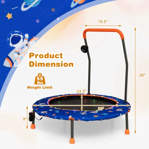 Gymax 36'' Mini Toddler Trampoline w/ LED Bluetooth Speaker Detachable Handle Kids Gifts Blue