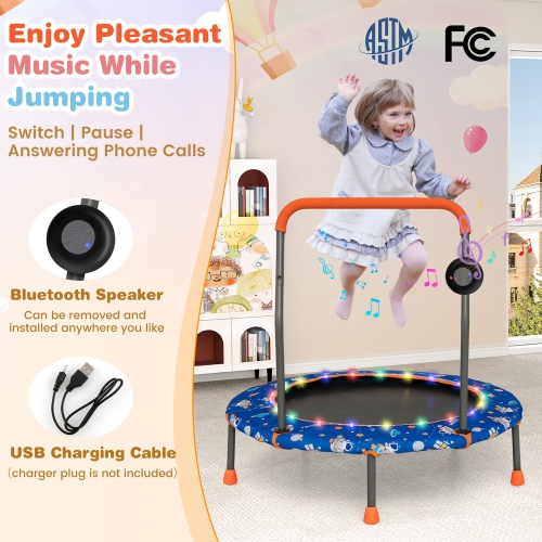 Gymax 36'' Mini Toddler Trampoline w/ LED Bluetooth Speaker Detachable Handle Kids Gifts Blue