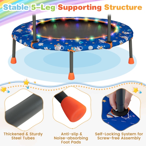 Gymax 36'' Mini Toddler Trampoline w/ LED Bluetooth Speaker Detachable Handle Kids Gifts Blue