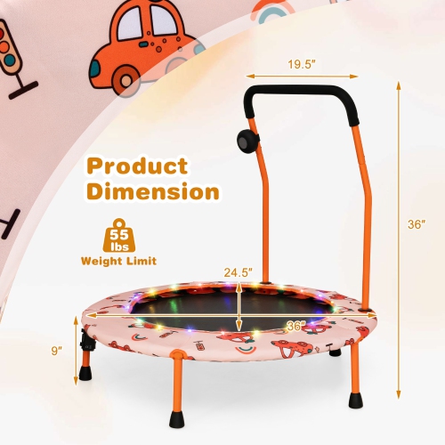 Gymax 36'' Mini Toddler Trampoline w/ LED Bluetooth Speaker Detachable Handle Kids Gifts Orange