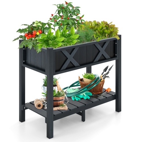 Gymax HIPS Raised Garden Bed Poly Wood Elevated Planter Box w/ Legs & Storage Shelf