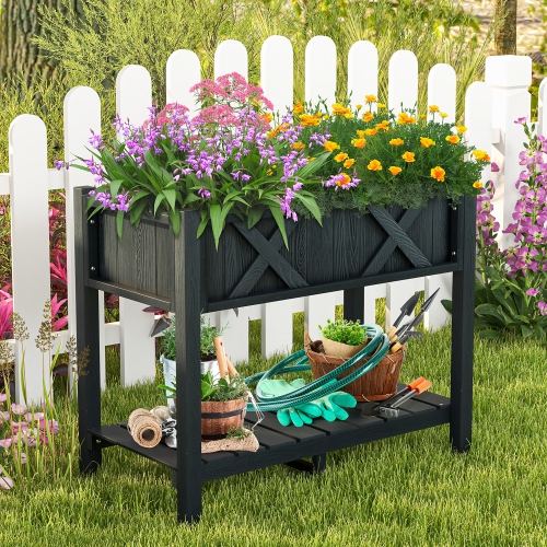 Gymax HIPS Raised Garden Bed Poly Wood Elevated Planter Box w/ Legs & Storage Shelf