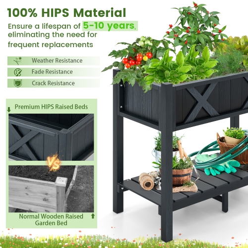 Gymax HIPS Raised Garden Bed Poly Wood Elevated Planter Box w/ Legs & Storage Shelf