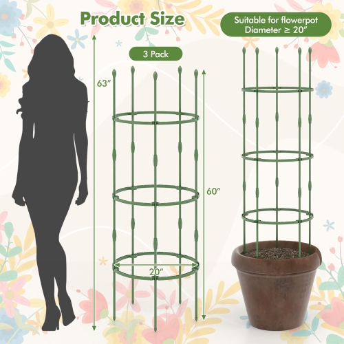 Gymax 3-Pack Garden Tomato Trellis 60'' Plant Support Cage w/ Adjustable Size for Plants