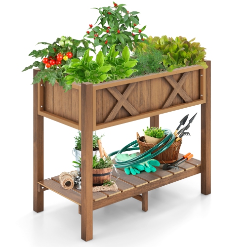 Gymax HIPS Raised Garden Bed Poly Wood Elevated Planter Box w/ Legs & Storage Shelf