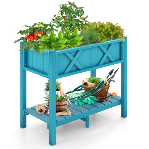 GYMAX  Hips Raised Garden Bed Poly Wood Elevated Planter Box W/ Legs & Storage Shelf