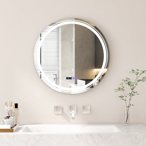 GYMAX  Round Led Bathroom Mirror W/ 3 Color Led Lights Time & Temperature Display