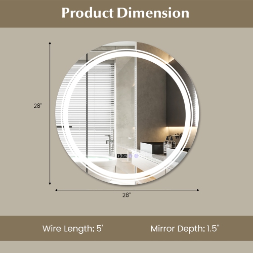 Gymax Round Led Bathroom Mirror w/ 3 Color LED Lights Time & Temperature Display