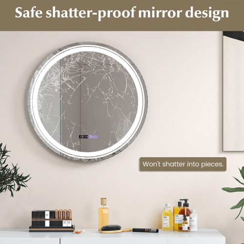 Gymax Round Led Bathroom Mirror w/ 3 Color LED Lights Time & Temperature Display