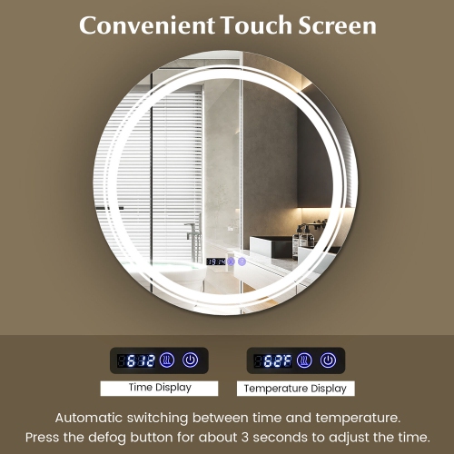Gymax Round Led Bathroom Mirror w/ 3 Color LED Lights Time & Temperature Display