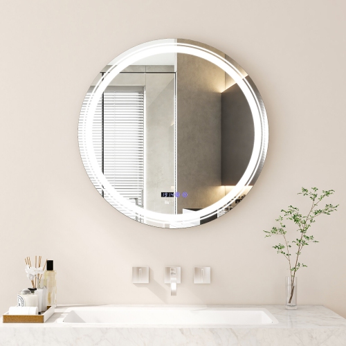 GYMAX  Round Led Bathroom Mirror W/ Temperature Display & 3 Color Led Lights Time