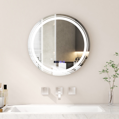 GYMAX  Round Led Bathroom Mirror W/ 3 Color Led Lights Time & Temperature Display Silver & In White