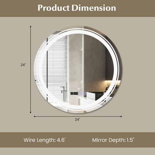 Gymax Round Led Bathroom Mirror w/ 3 Color LED Lights Time & Temperature Display Silver & White