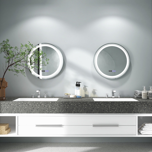 Gymax Round Led Bathroom Mirror w/ 3 Color LED Lights Time & Temperature Display Silver & White