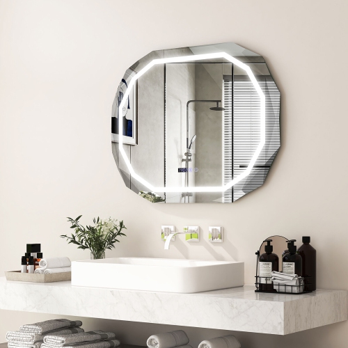 Gymax LED Bathroom Mirror w/ 3 Color LED Light Memory Function Time for Bathroom