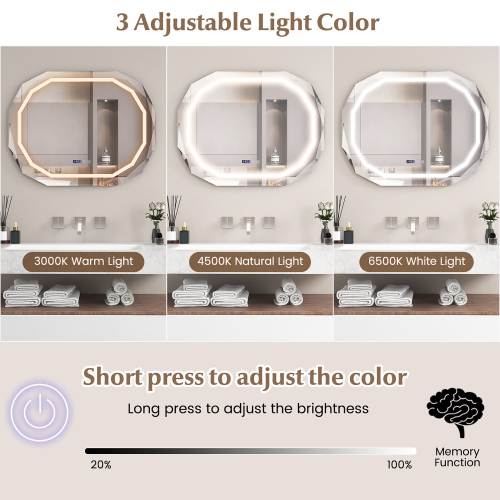 Gymax LED Bathroom Mirror w/ 3 Color LED Light Memory Function Time for Bathroom
