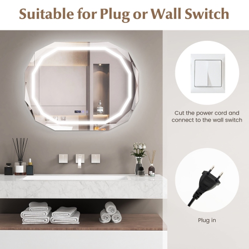 Gymax LED Bathroom Mirror w/ 3 Color LED Light Memory Function Time for Bathroom