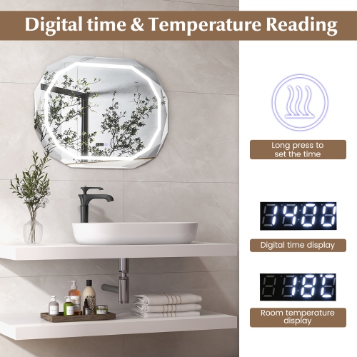 Gymax LED Bathroom Mirror w/ 3 Color LED Light Memory Function Time for Bathroom