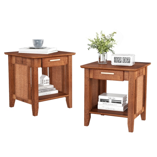 Gymax 2PCS Boho Style Nightstand 3-Tier Sofa Side End Table w/ Drawer & Shelf Walnut