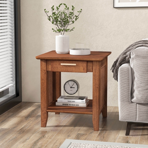 Gymax Boho Style Nightstand 3-Tier Sofa Side End Table w/ Drawer & Shelf Walnut