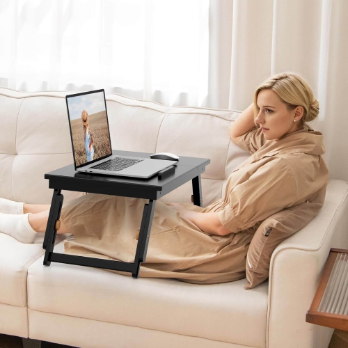Gymax Bamboo Laptop Desk Adjustable Folding Bed Tray w/ Drawer Heat Dissipation