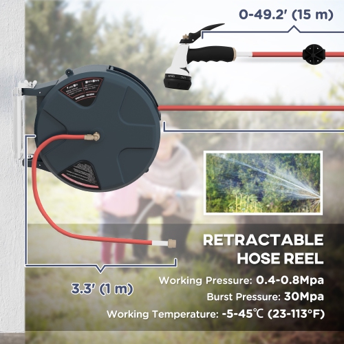 Outsunny Retractable Hose Reel 5/8 x 66ft w/ 8 Pattern Nozzle, Any Length  Lock, Auto Rewind Slow Return System and 180° Swivel Wall Mounted Bracket  Lead-in Handle