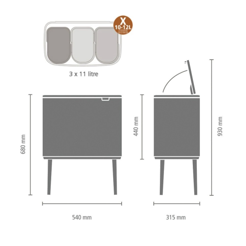 Brabantia – bac tactile Bo avec compartiments en plastique, 3 x acier mat 11&nbsp;L résistant aux traces de doigts, 3 intérieur