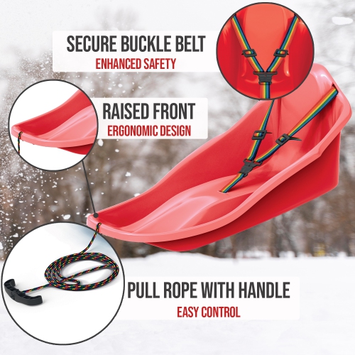 Luge de neige d'ArcticThrill pour enfants - traîneau explosif - toboggan avec corde et ceinture de sécurité; traîneau d'hiver en plastique pour les