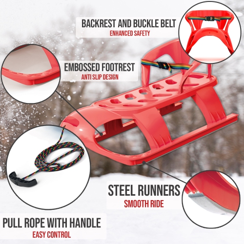 ArcticThrill Snow Sled for Kids - SnowCruise Sledge - Toboggan with Pull Rope, Backrest and Safety Belt; Outdoor Plastic Winter Sleigh for Toddlers &