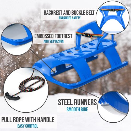 ArcticThrill Snow Sled for Kids - SnowCruise Sledge - Toboggan with Pull Rope, Backrest and Safety Belt; Outdoor Plastic Winter Sleigh for Toddlers &