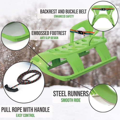 Luge de neige ArcticThrill pour enfants - luge SnowCruise - toboggan avec corde à tirer, dossier et ceinture de sécurité; traîneau d'hiver en