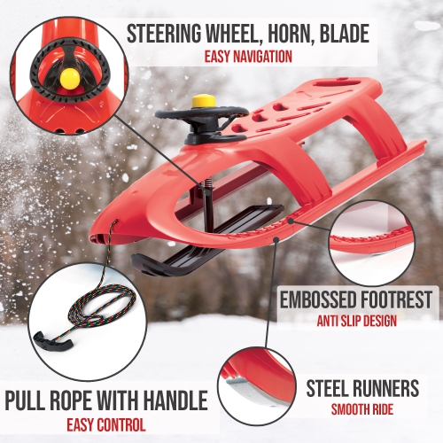ArcticThrill Snow Sled for Kids - SnowRush Sledge - Single Rider Racer Toboggan with Pull Rope and Steering Wheel; Outdoor Plastic Winter Sleigh for