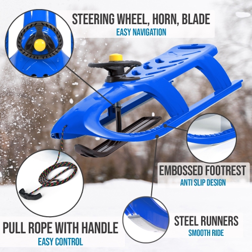 ArcticThrill Snow Sled for Kids - SnowRush Sledge - Single Rider Racer Toboggan with Pull Rope and Steering Wheel; Outdoor Plastic Winter Sleigh for