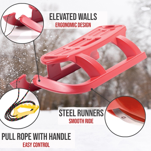 ArcticThrill Snow Sled for Kids - SnowTwin Sledge - Single Rider Racer Toboggan with Pull Rope; Outdoor Plastic Winter Sleigh for Toddlers & Kids