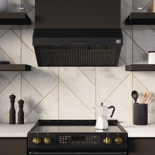 Forno Bari Espresso 30-inch Under Cabinet in Black 400CFM Range Hood, with additional Brass Filter Handles