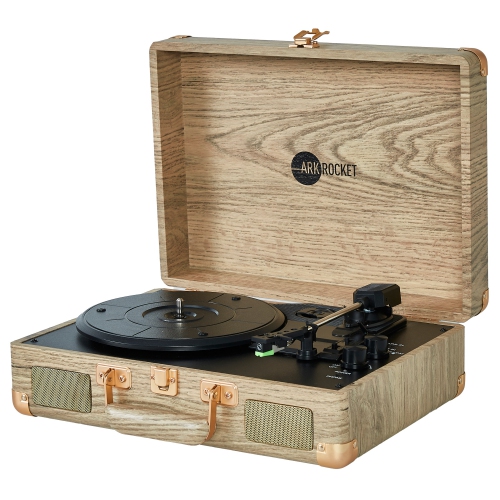 Arkrocket Curiosity Bluetooth Turntable Retro Suitcase 3-Speed Record Player with Built-in Speakers-Wooden pattern