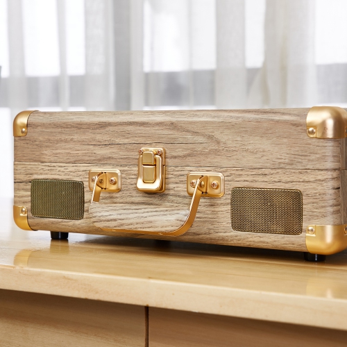 Arkrocket Curiosity Bluetooth Turntable Retro Suitcase 3-Speed Record Player with Built-in Speakers-Wooden pattern
