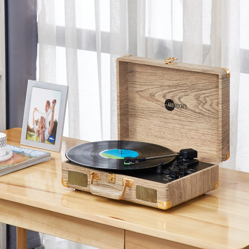 Arkrocket Curiosity Bluetooth Turntable Retro Suitcase 3-Speed Record Player with Built-in Speakers-Wooden pattern