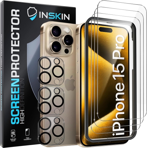 Inskin – Protecteur d’écran en verre trempé pour iPhone 15 Pro – 3+3 en verre trempé pour écran et objectif d’appareil photo, alignement automatique