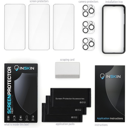 Inskin – Protecteur d’écran en verre trempé pour iPhone 15 Pro – 3+3 en verre trempé pour écran et objectif d’appareil photo, alignement automatique