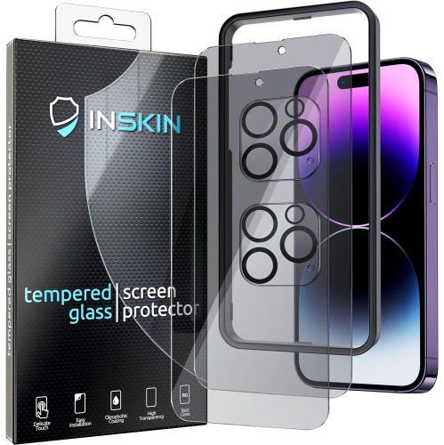 Inskin Privacy Screen Protector for iPhone 14 Pro - 2+2 Tempered Glass for Screen & Camera Lens, Auto-Align Installation, Plasma Coating, Fits Cases